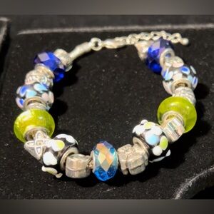 Blue, Yellow, Silver Tone Beaded Bracelet ~ Unbranded